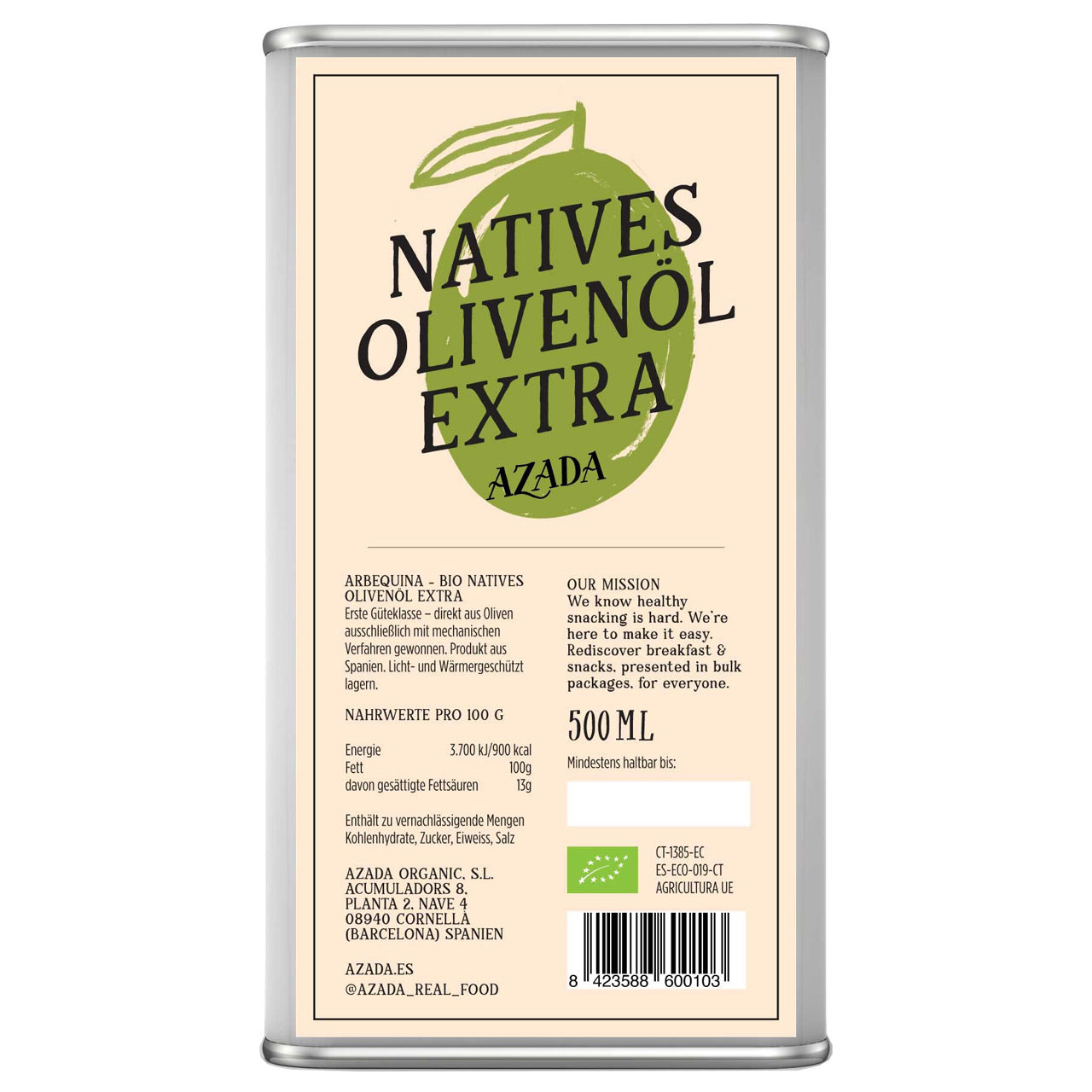 Natives Olivenöl Extra AZADA 100% Arbequina 500ml