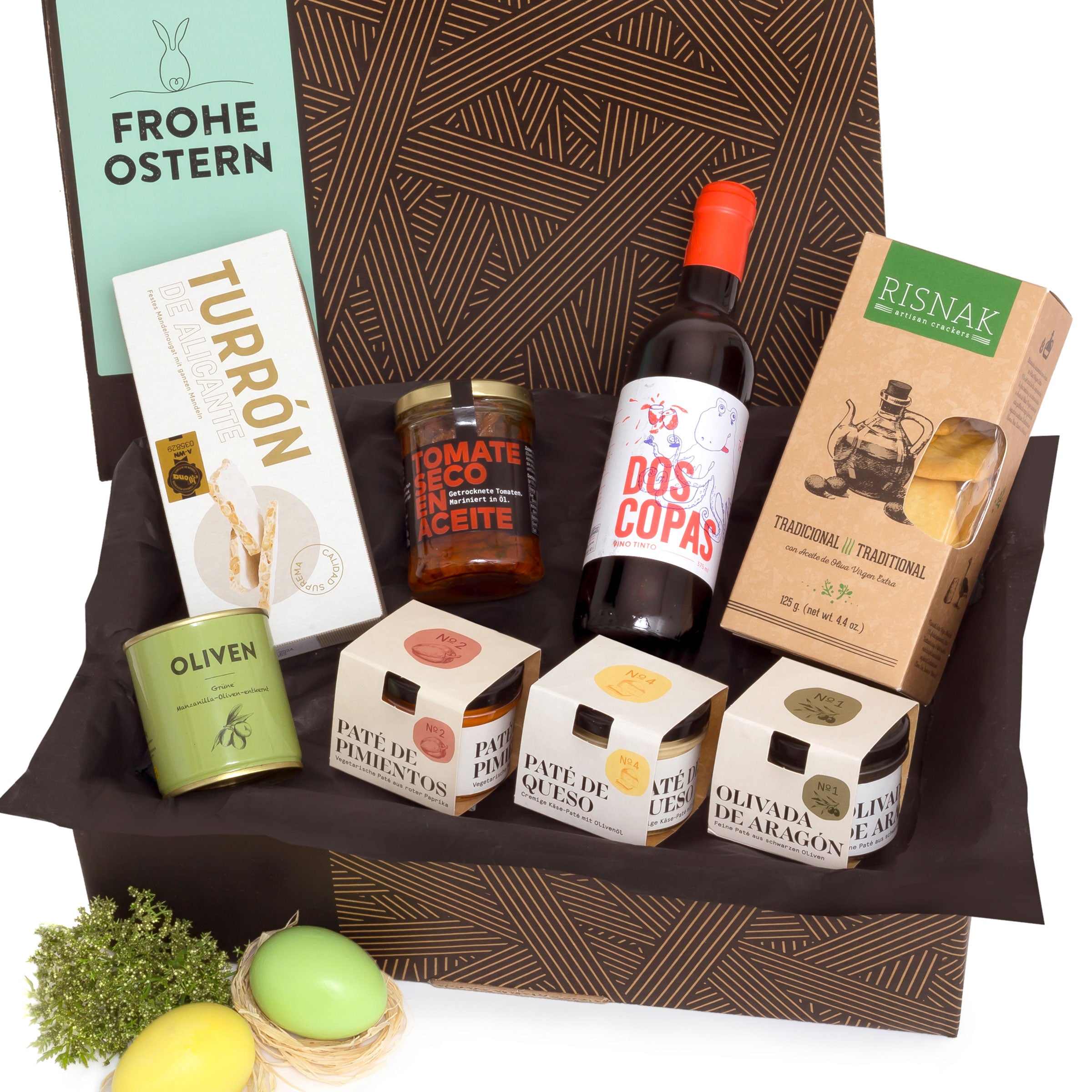FROHE OSTERN - Festlicher Präsentkorb mit edlen Patés, Rotwein und Turrón