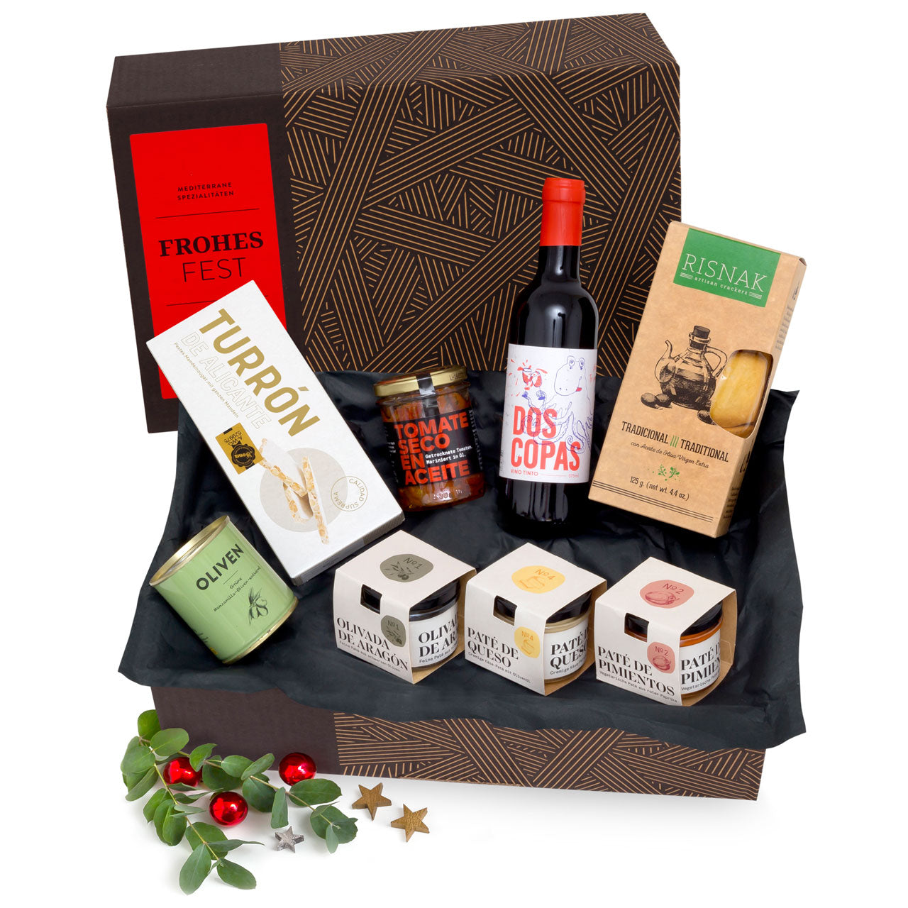 FROHES FEST - Weihnachtliche Geschenk-Box mit edlen Patés, Rotwein und Turrón