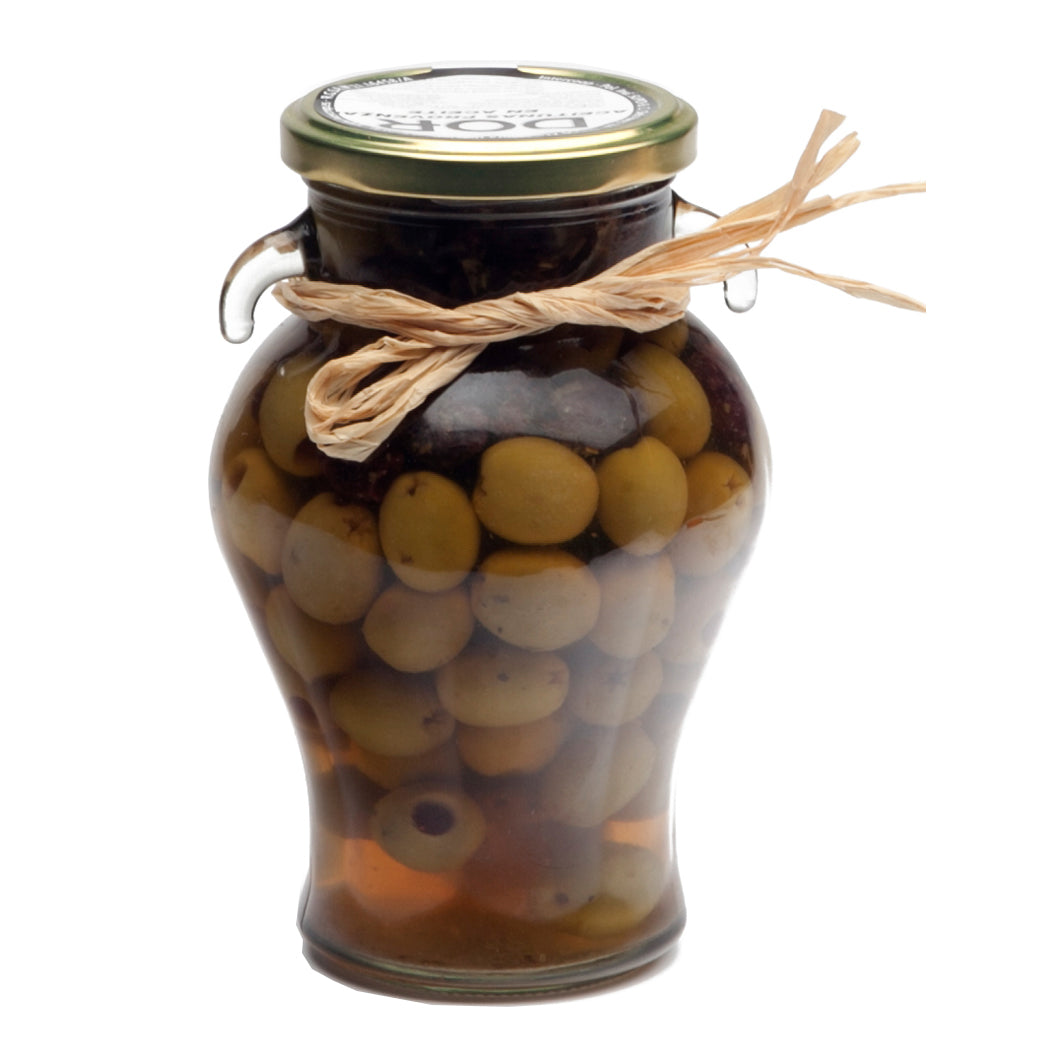Oliven ohne Kern mit Kräutern der Provence - im traditionellen Glaskrug