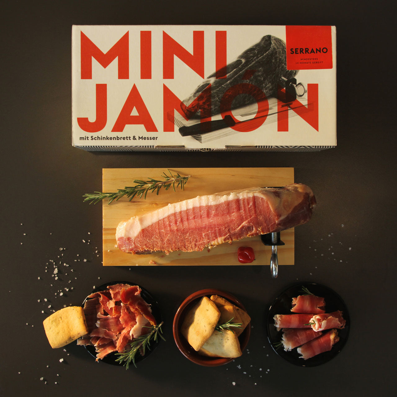 MINI-JAMON SERRANO | Im Geschenkkarton | Mit Holzbrett und Schinkenmesser