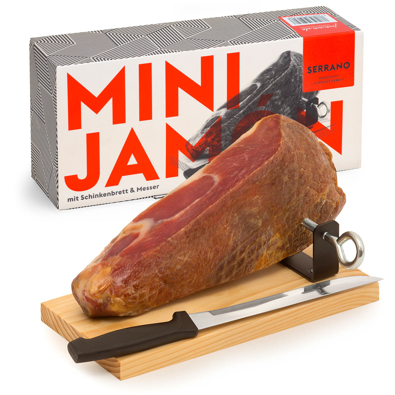 MINI-JAMON SERRANO | Im Geschenkkarton | Mit Holzbrett und Schinkenmesser