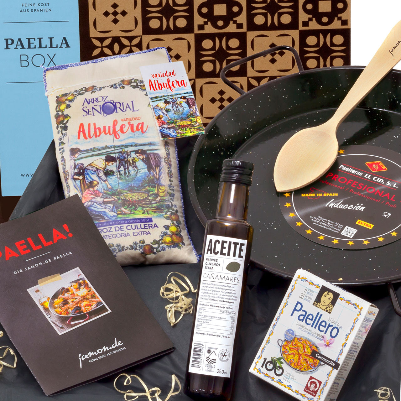 PAELLA-BOX mit Paella-Pfanne, Reis, Olivenöl, Safran-Gewürz & Löffel