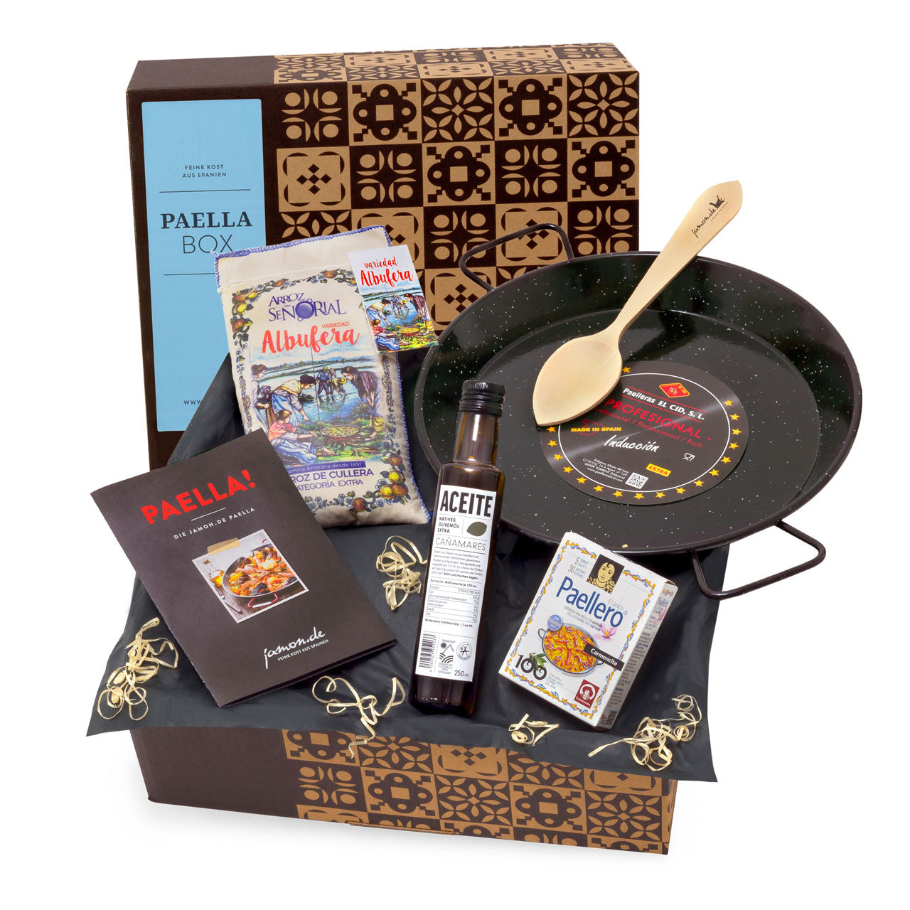 PAELLA-BOX mit Paella-Pfanne, Reis, Olivenöl, Safran-Gewürz & Löffel