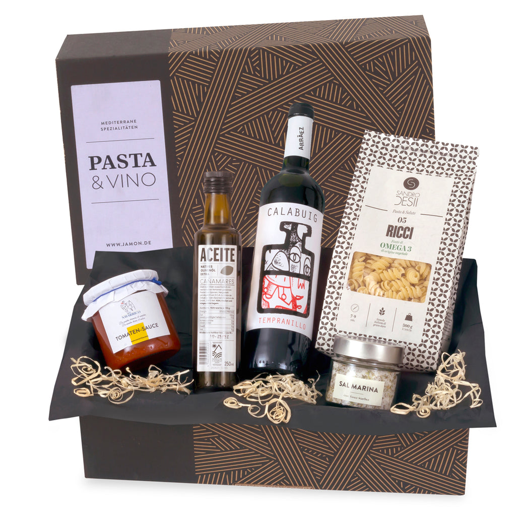 PASTA & VINO - Geschenk-Box mit Nudeln, Sugo, Meersalz & Rotwein