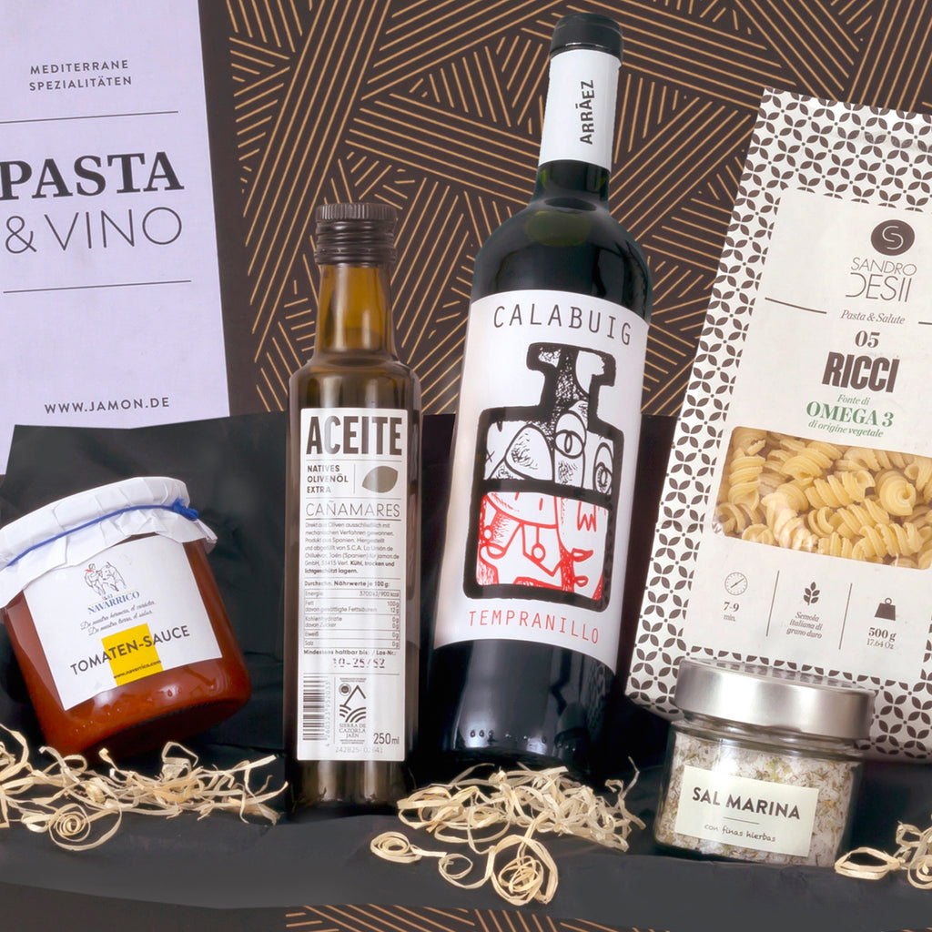 PASTA & VINO - Geschenk-Box mit Nudeln, Sugo, Meersalz & Rotwein