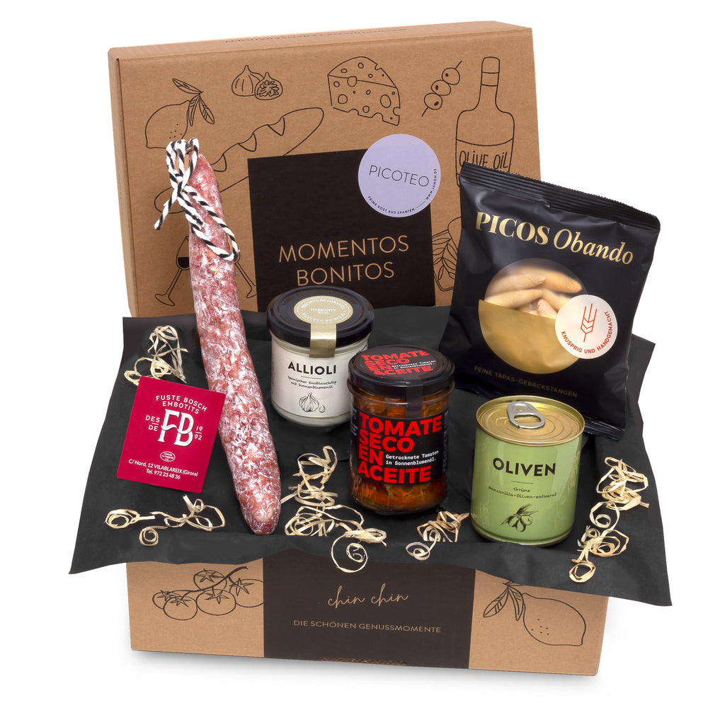 PICOTEO – Spanische Tapas-Präsentbox | Fuet, Allioli, Tomaten, Oliven und Picos
