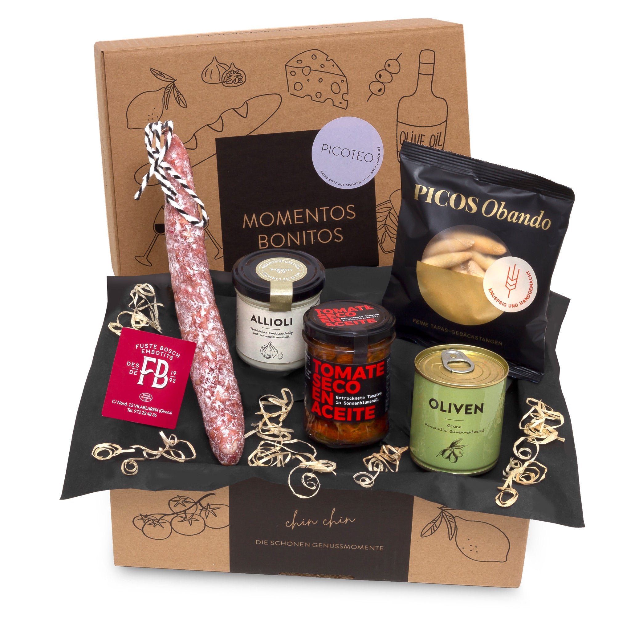PICOTEO – Spanische Tapas-Präsentbox | Fuet, Allioli, Tomaten, Oliven und Picos