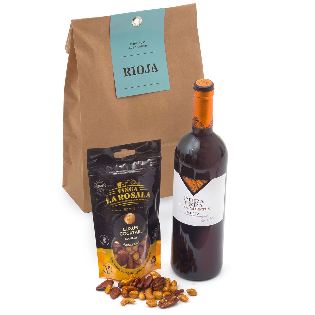 Geschenktüte RIOJA - Edler Reserva Rotwein D.O.C. Rioja und Gourmet-Nuss-Mischung