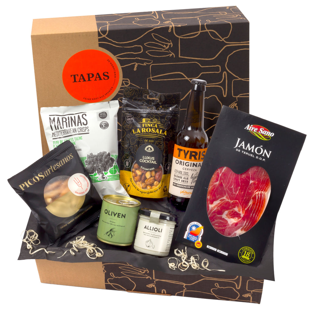 TAPAS - Präsentkorb mit Serrano-Schinken, Allioli & Craft-Bier
