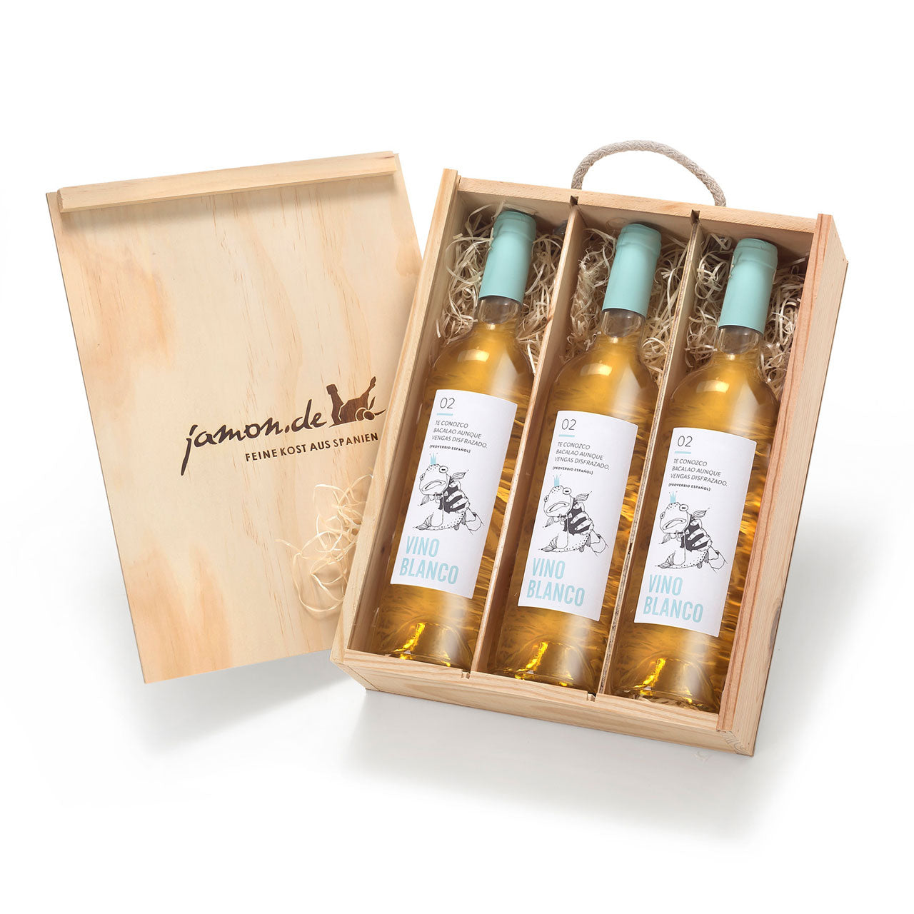 BLANCO Weingeschenk - Holzkiste mit 3 Flaschen Weißwein aus Spanien