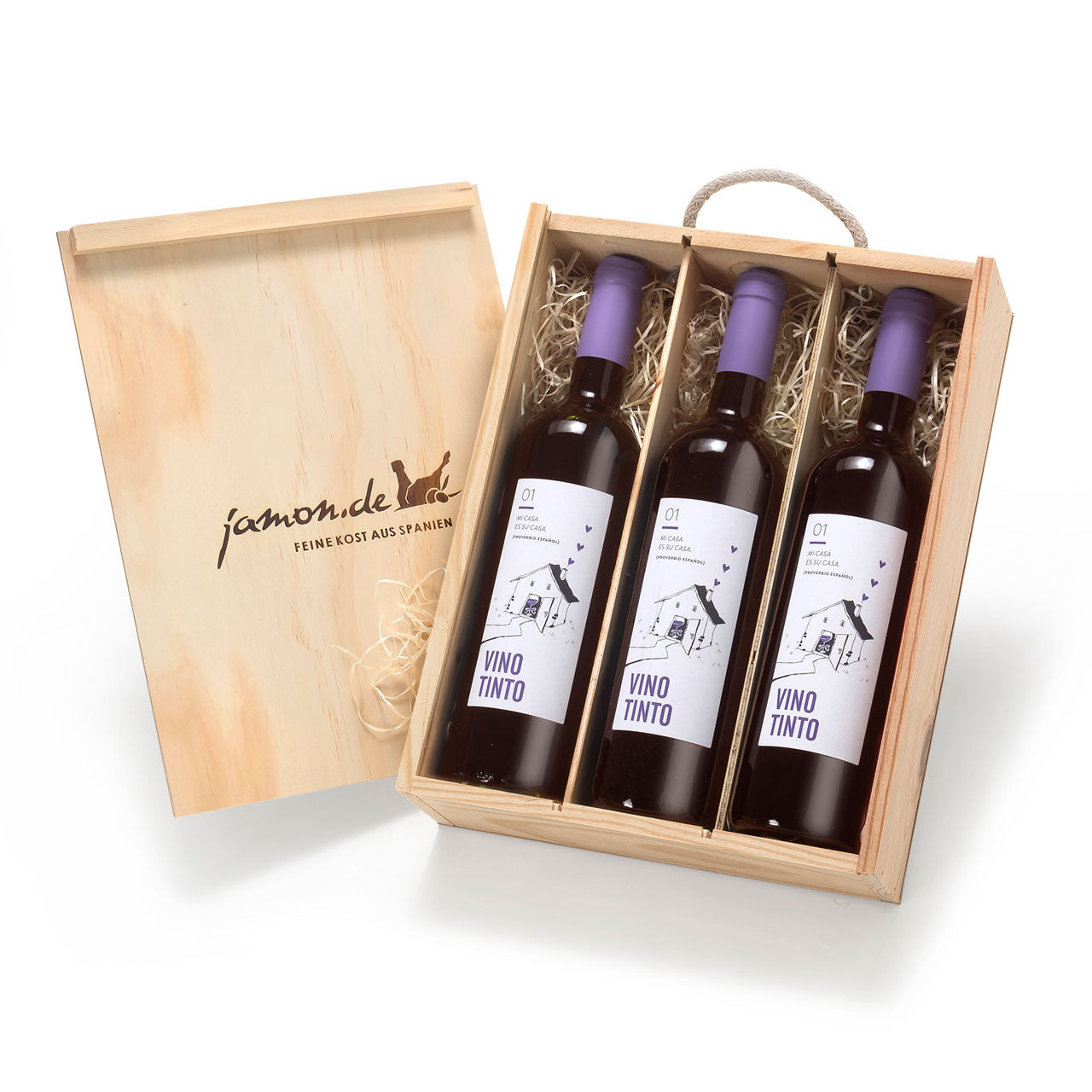TINTO Weingeschenk - Holzkiste mit 3 Flaschen Rotwein aus Spanien
